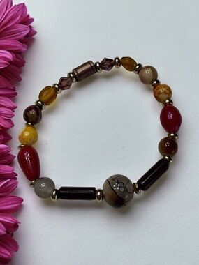 Hand Crafted Multicolor Beaded Bracelet — Red, Yellow & Brown Accents